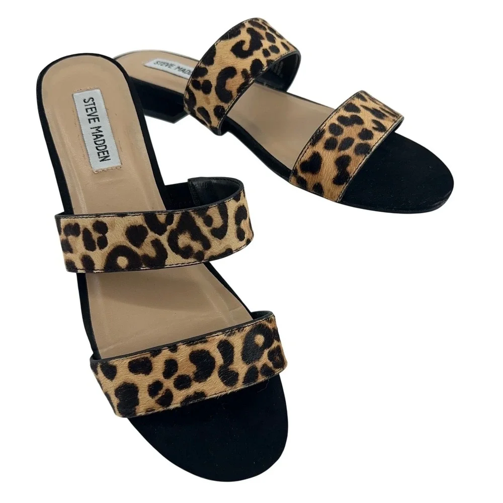Steve Madden Leopard Print Calf Hair‎ Slide Sandals Women 8.5 Lacole Tan Black